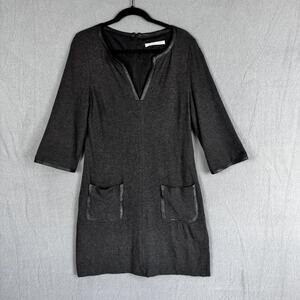Trina Turk Dress Womens Medium Gray Knit Shift 3/4 Sleeve Faux Leather‎ Trim